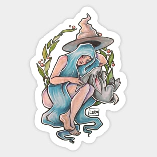 hand watercolour drawing "The witch with blue hair and her totem" Sticker